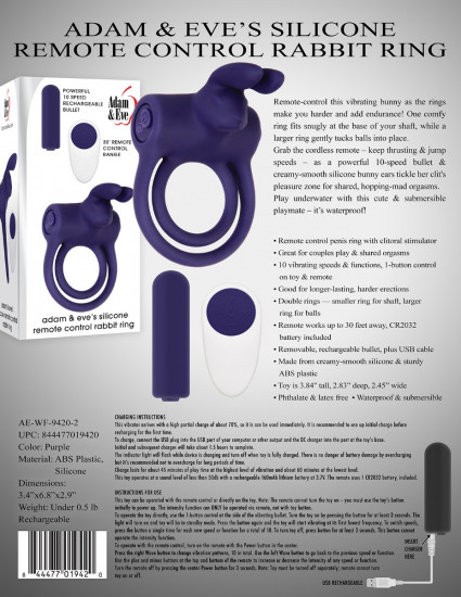 Adam & Eve Silicone Remote Control Rabbit Ring Vibrerende Cockring Paars