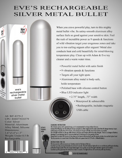 Adam & Eve Eve's Rechargeable Silver Metal Bullet Zilver